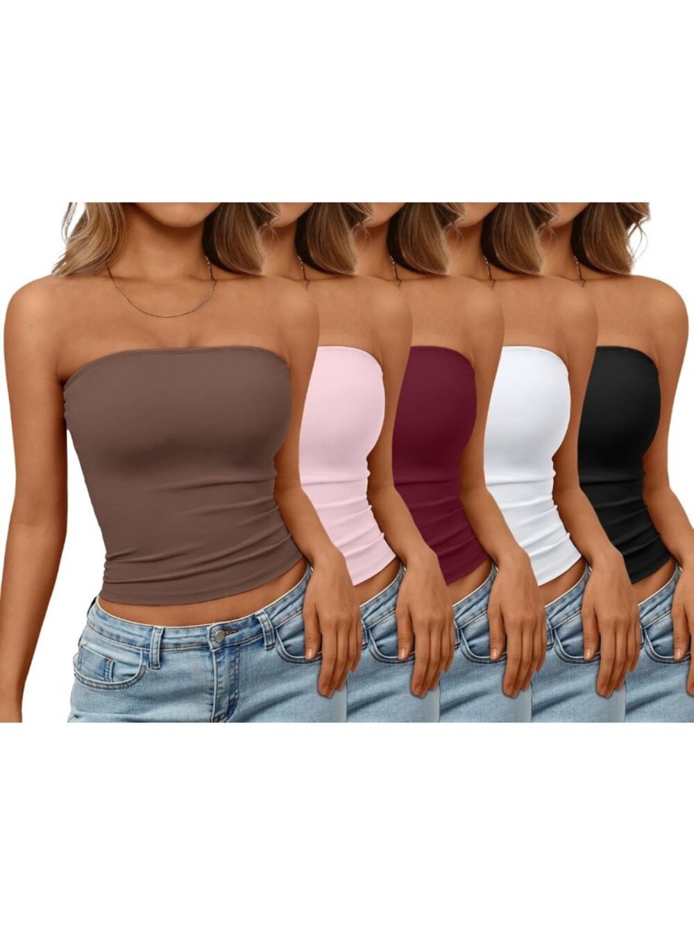 Trendy Women's 5-Pack Crop Tube Tops - Cute Strapless Bandeau for Summer 2026